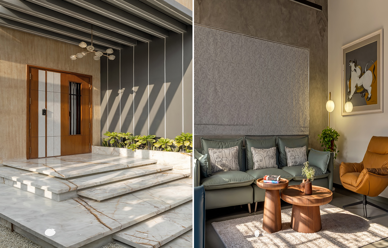 Open courtyard and landscape connection at Tathasthu residence in Rajpipla