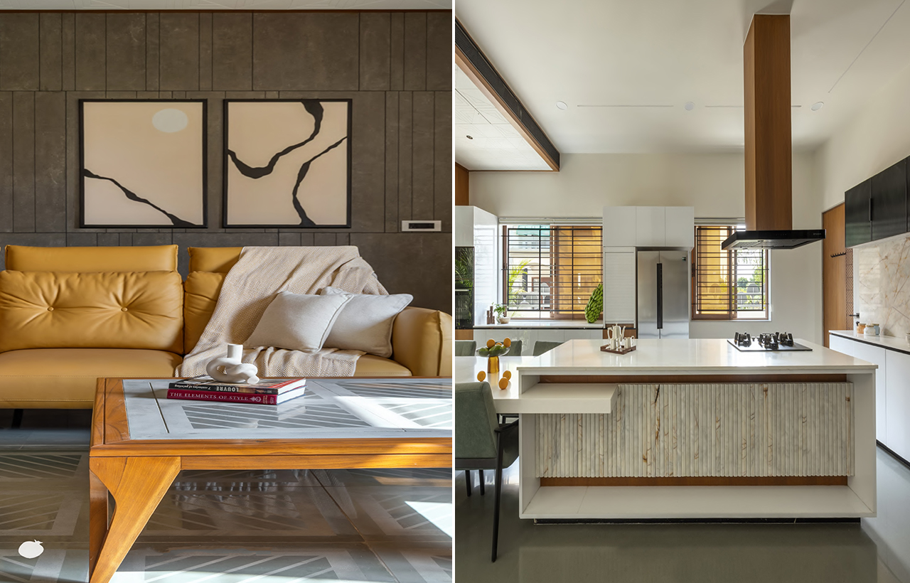 Contemporary living room and kitchen interiors at Tathasthu residence