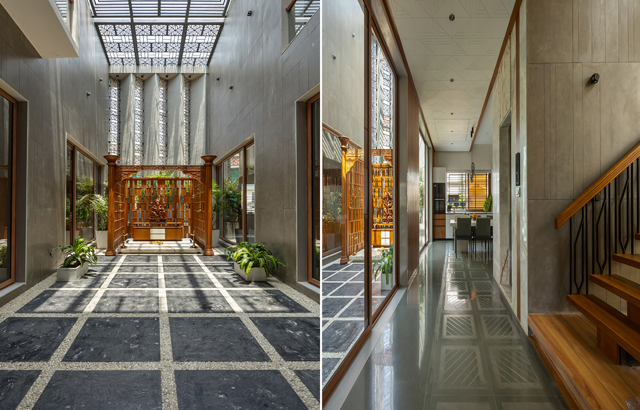 Interior corridor overlooking the courtyard at Tathasthu residence