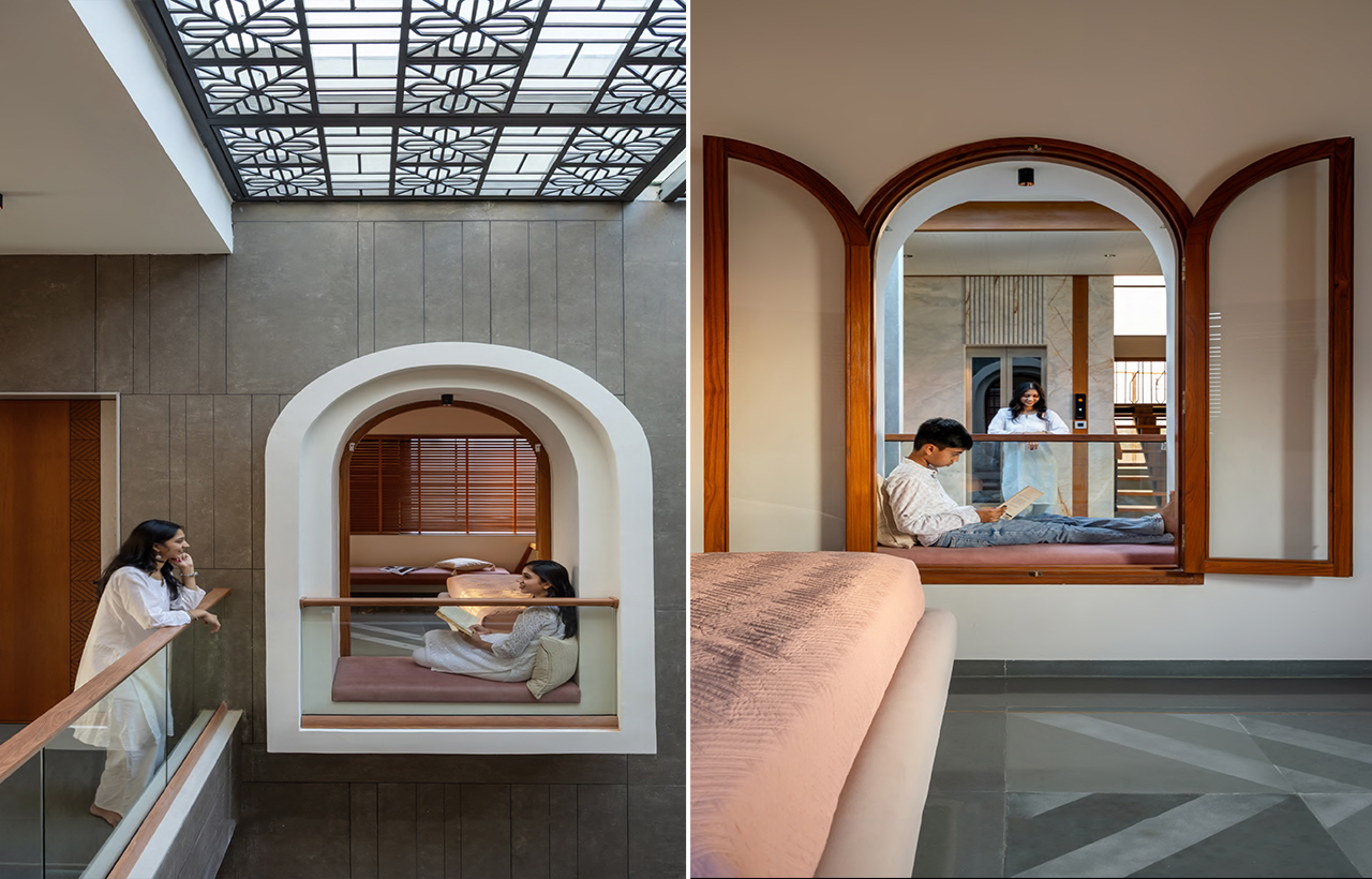 Contemporary jharokha inspired window and bedroom at Tathasthu residence