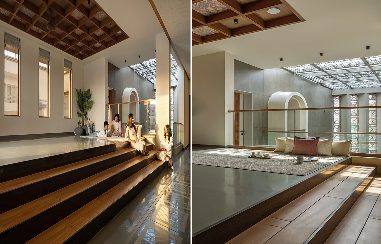 Bedroom and private outdoor space at Tathasthu residence in Gujarat